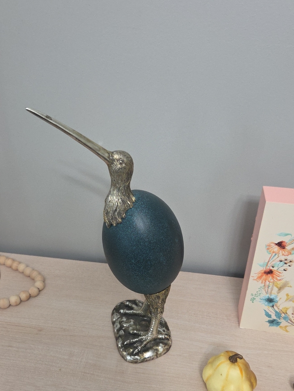Decorative Teal and Silver Long-Beak Bird Accent Statue - Brand Unbranded